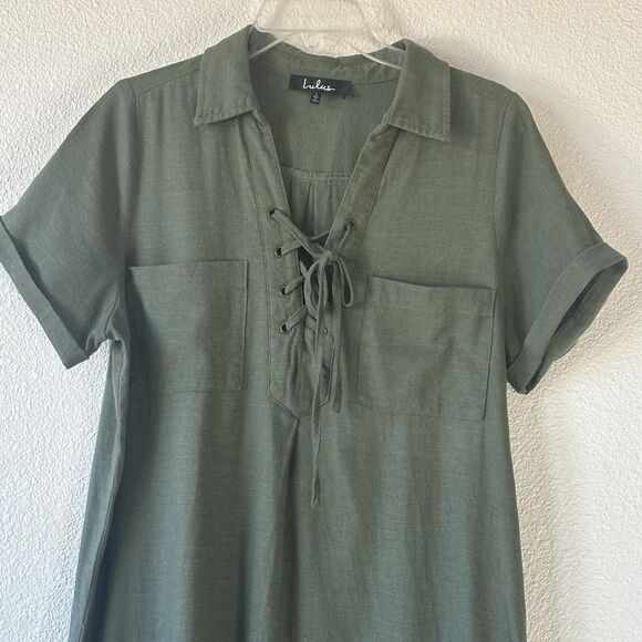 Lulu’s Linen Blend Dress Women’s Size L Olive Green Shirt Style Short Sleeves - Picture 2 of 12